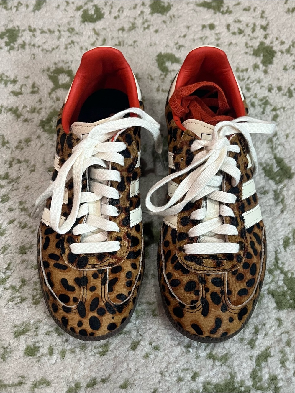 adidas Leopard Print Sneakers with White Stripes and Red Lining